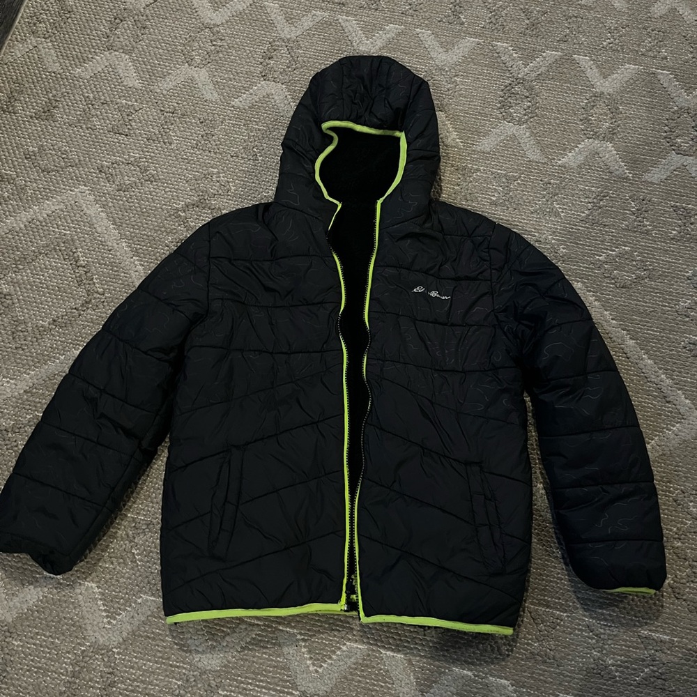 Eddie Bauer Kids Black Puffer Jacket with Neon Green Trim